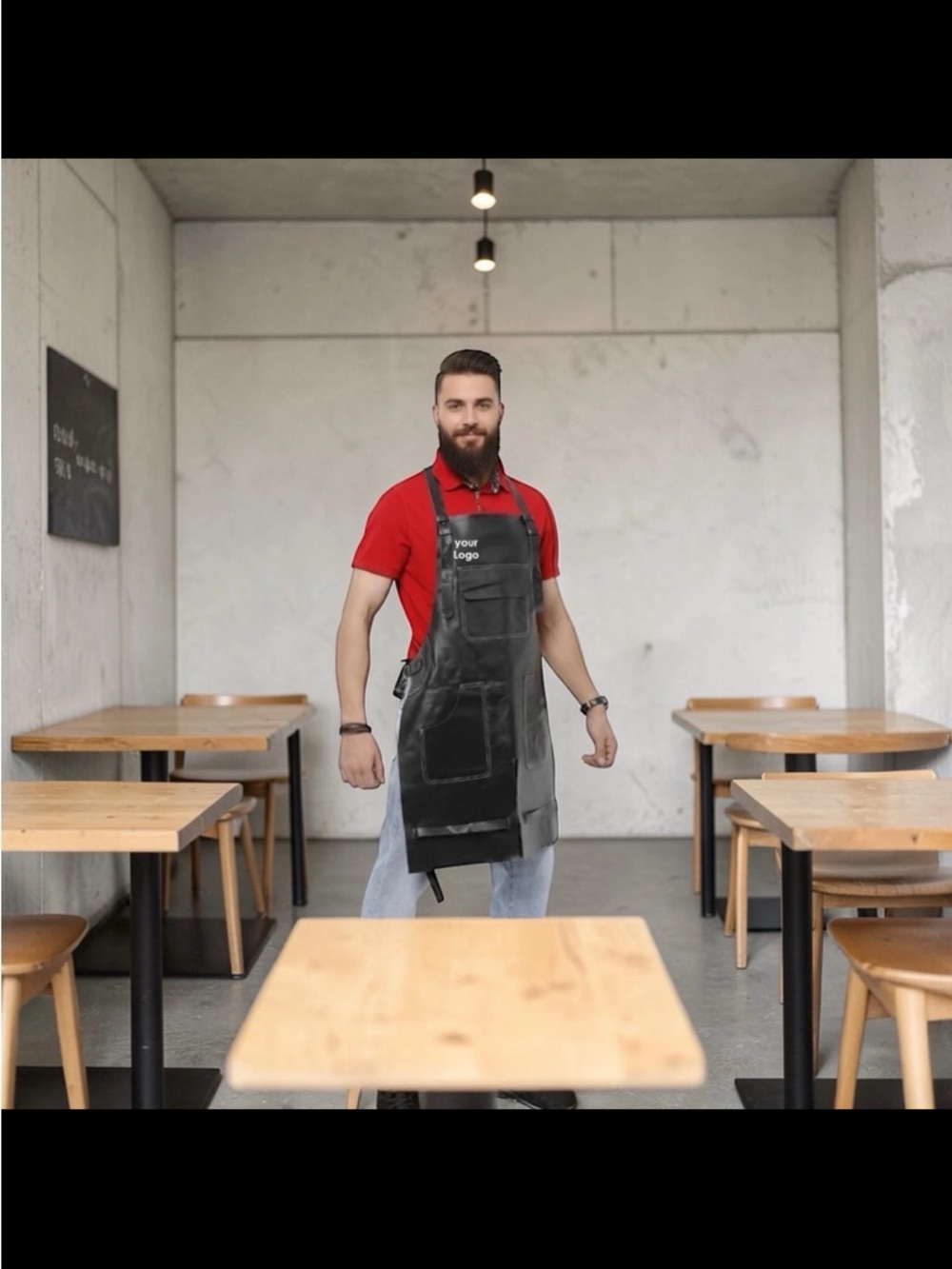 Black Leather Apron with Front Pockets